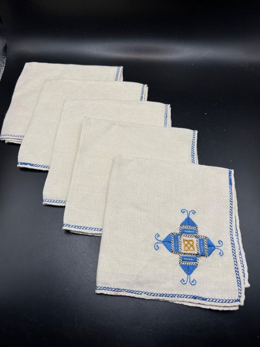 Set Of 5 Vintage Linen Cocktail Napkins Blue Embroidery Geometric MCM VTG edged